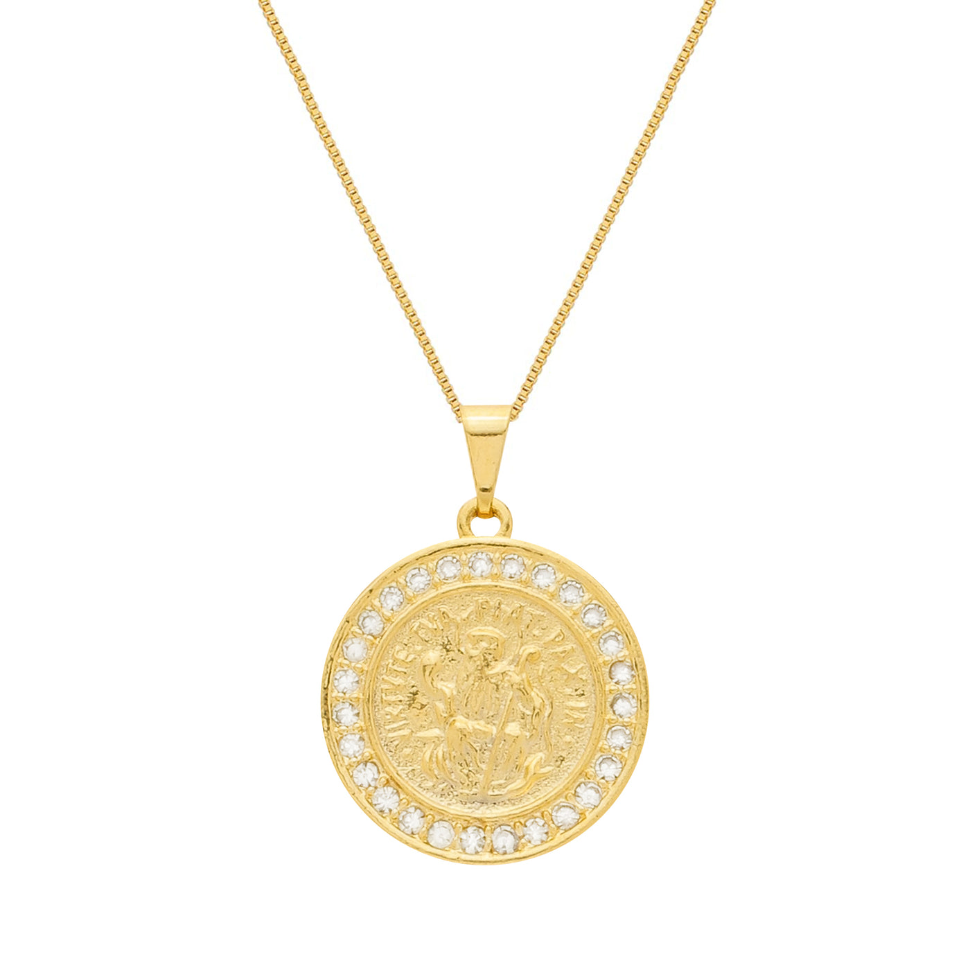 Colar Dourado Medalha São Miguel Arcanjo Cravejado de Zircônia